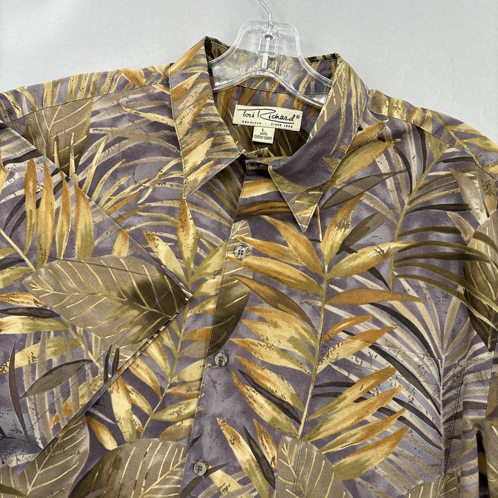 Tori Richard‎ Shirt Mens Large Brown Gray Yellow Leaf Aloha Cotton Lawn Vintage